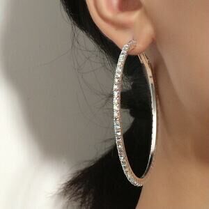 Women’s Fashion Rhinestone Big Circle Hoop Earrings, Silver Alloy